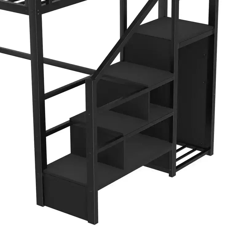 Metal Full Size Loft Bed with Stairs, House-Shaped Guardrails & Wardrobe for Kids & Teens