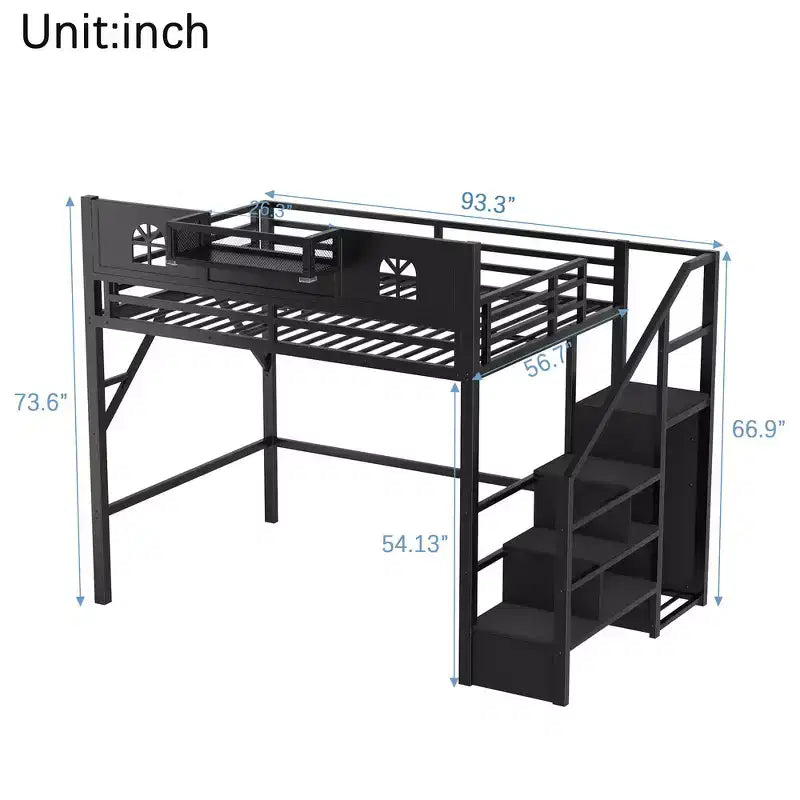 Metal Full Size Loft Bed with Stairs, House-Shaped Guardrails & Wardrobe for Kids & Teens