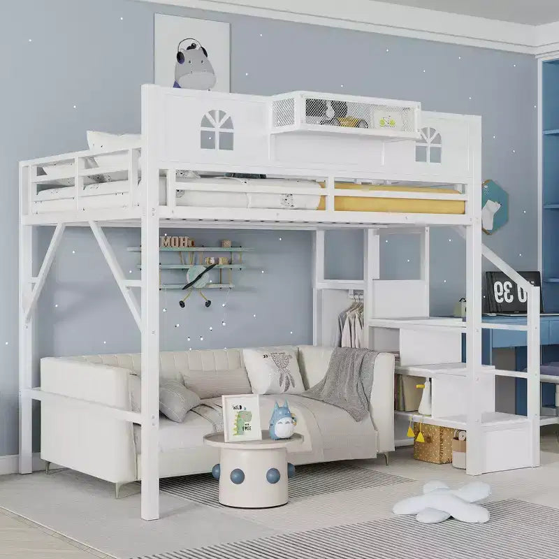 Metal Full Size Loft Bed with Stairs, House-Shaped Guardrails & Wardrobe for Kids & Teens