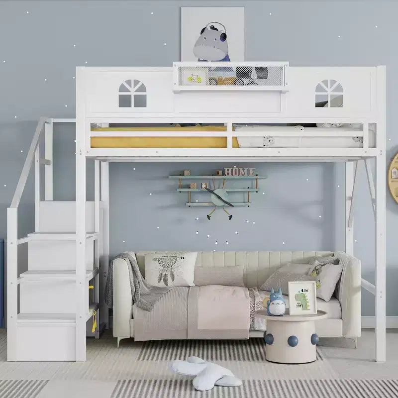 Metal Full Size Loft Bed with Stairs, House-Shaped Guardrails & Wardrobe for Kids & Teens