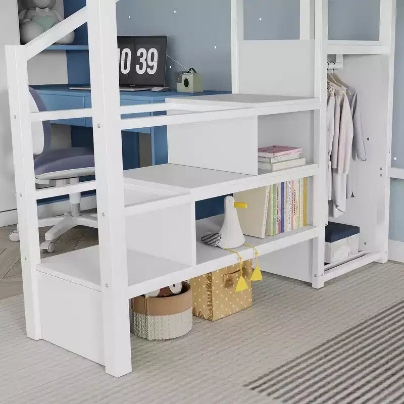 Metal Full Size Loft Bed with Stairs, House-Shaped Guardrails & Wardrobe for Kids & Teens