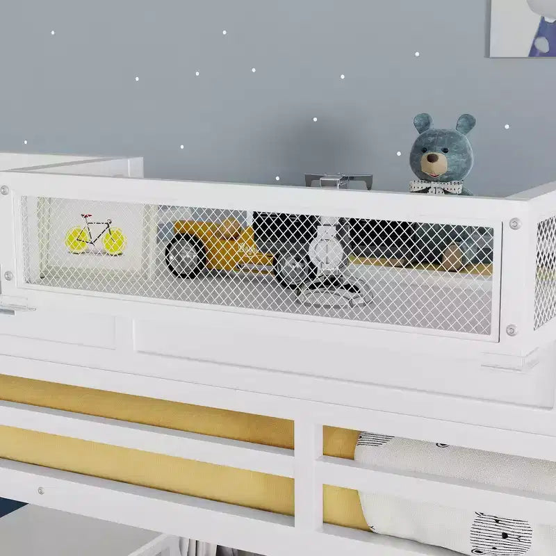 Metal Full Size Loft Bed with Stairs, House-Shaped Guardrails & Wardrobe for Kids & Teens