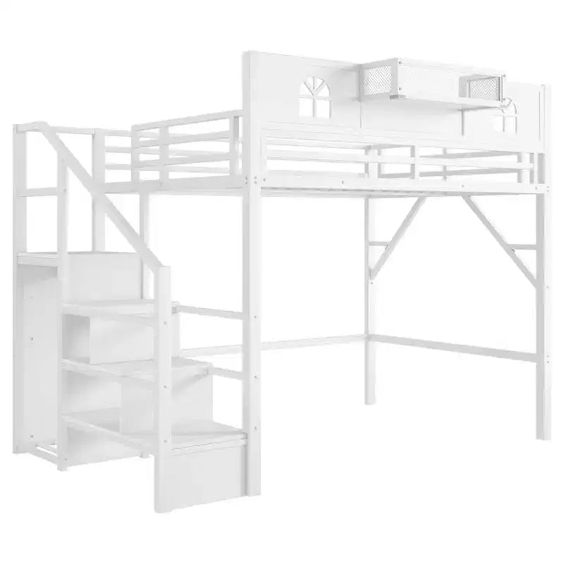 Metal Full Size Loft Bed with Stairs, House-Shaped Guardrails & Wardrobe for Kids & Teens