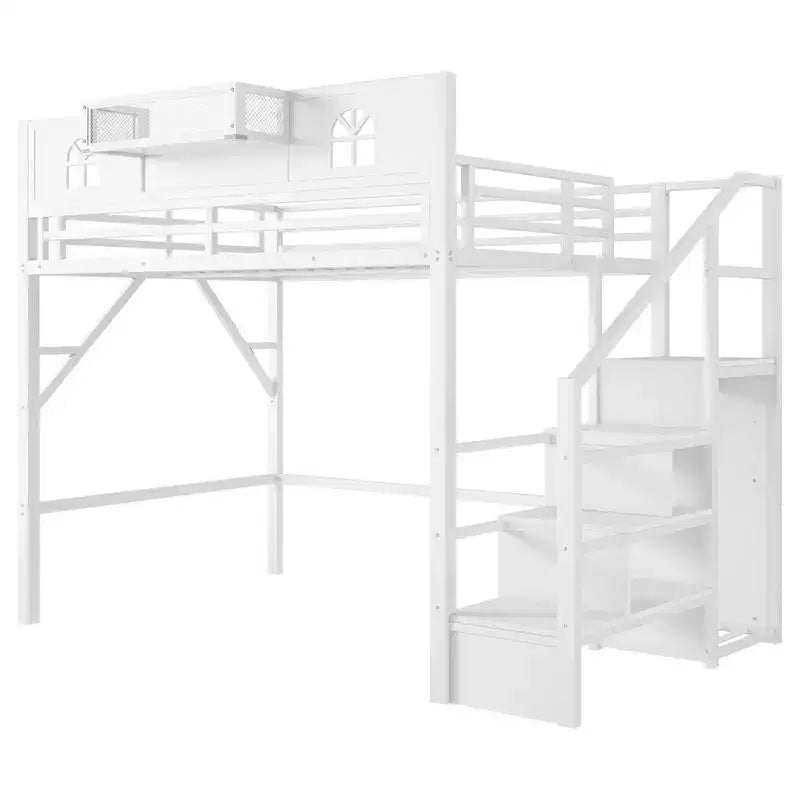 Metal Full Size Loft Bed with Stairs, House-Shaped Guardrails & Wardrobe for Kids & Teens