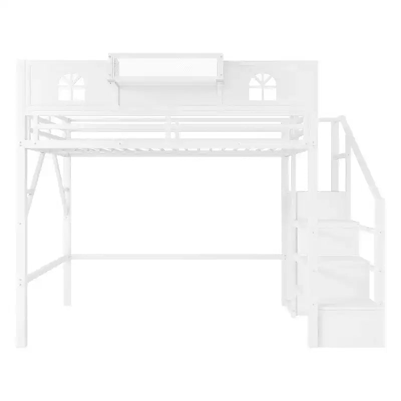 Metal Full Size Loft Bed with Stairs, House-Shaped Guardrails & Wardrobe for Kids & Teens