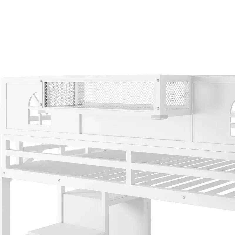 Metal Full Size Loft Bed with Stairs, House-Shaped Guardrails & Wardrobe for Kids & Teens
