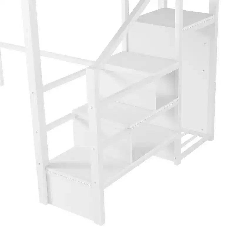 Metal Full Size Loft Bed with Stairs, House-Shaped Guardrails & Wardrobe for Kids & Teens