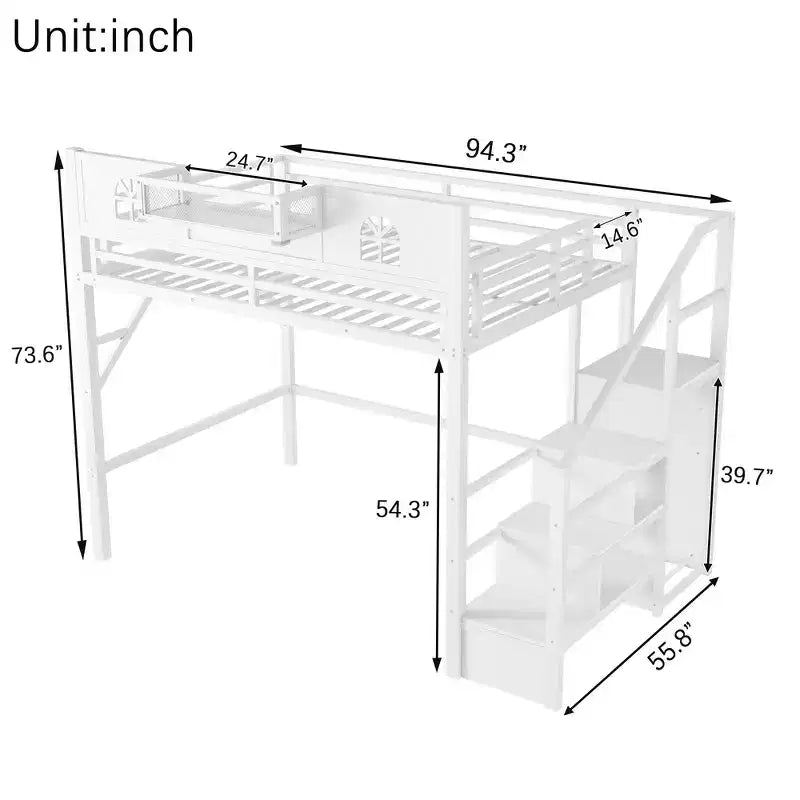 Metal Full Size Loft Bed with Stairs, House-Shaped Guardrails & Wardrobe for Kids & Teens
