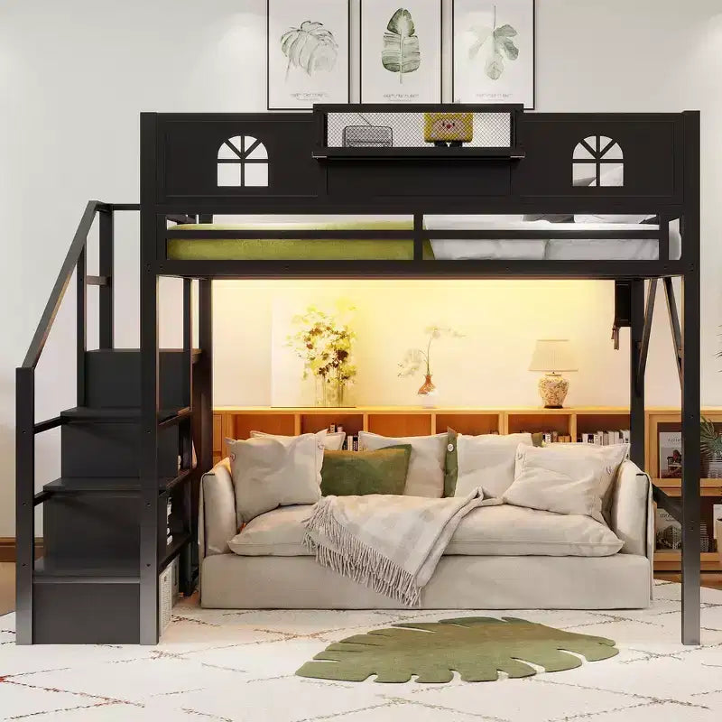 Metal Full Size Loft Bed with Stairs, House-Shaped Guardrails & Wardrobe for Kids & Teens