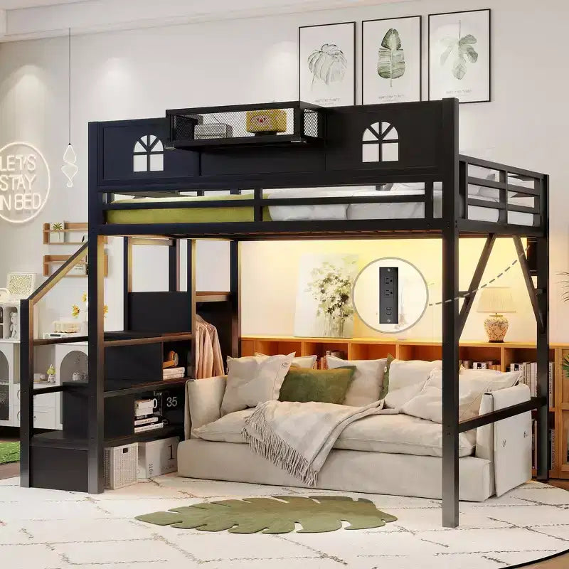 Metal Full Size Loft Bed with Stairs, House-Shaped Guardrails & Wardrobe for Kids & Teens