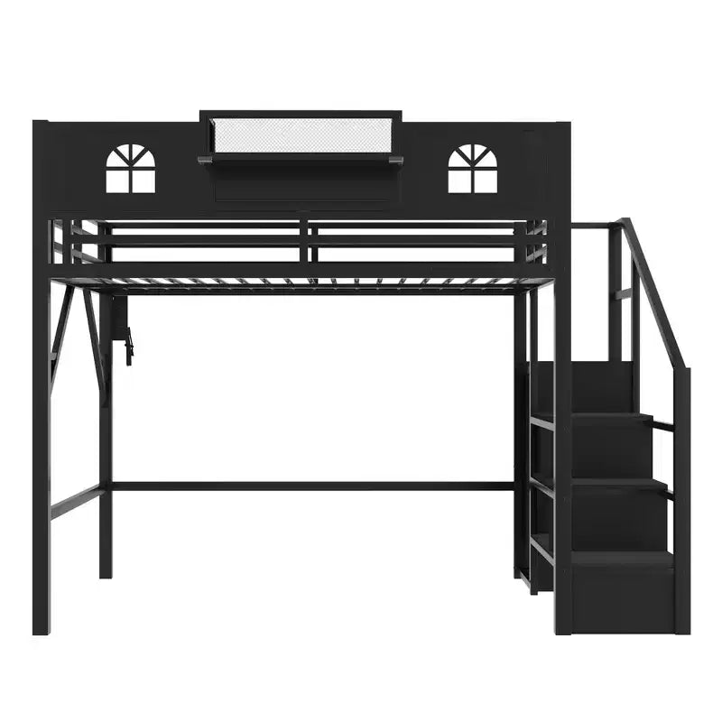 Metal Full Size Loft Bed with Stairs, House-Shaped Guardrails & Wardrobe for Kids & Teens