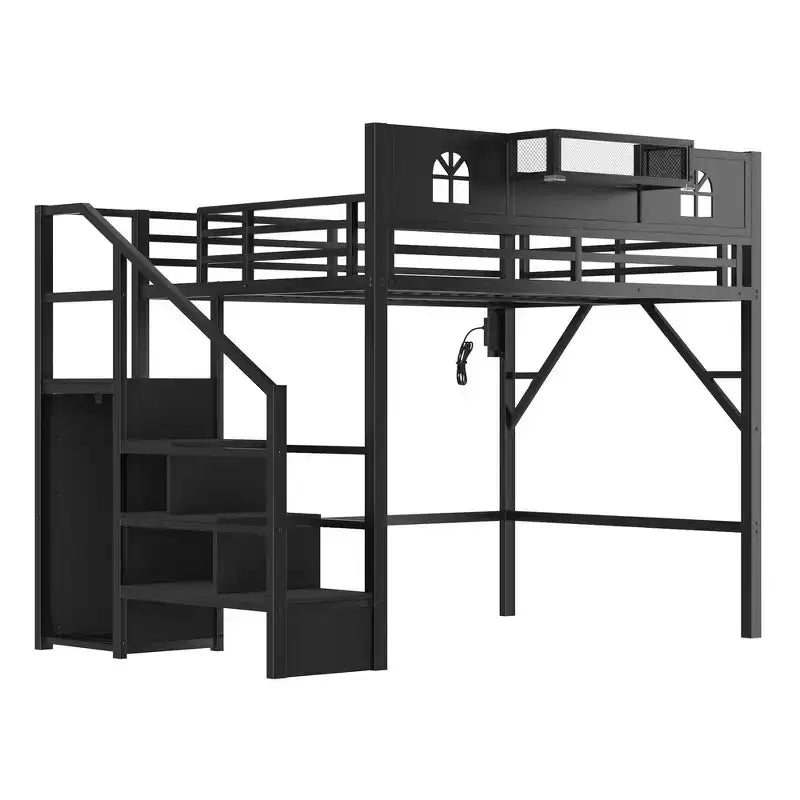 Metal Full Size Loft Bed with Stairs, House-Shaped Guardrails & Wardrobe for Kids & Teens