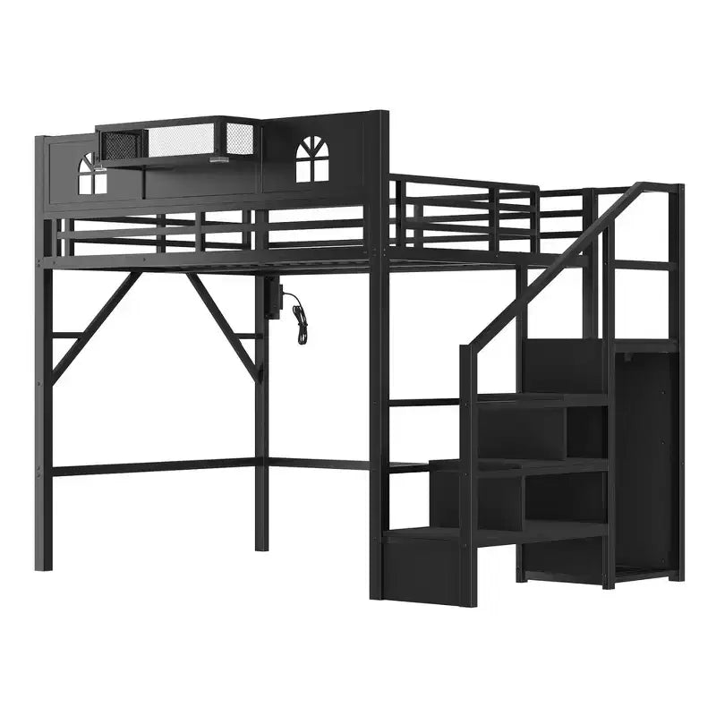 Metal Full Size Loft Bed with Stairs, House-Shaped Guardrails & Wardrobe for Kids & Teens