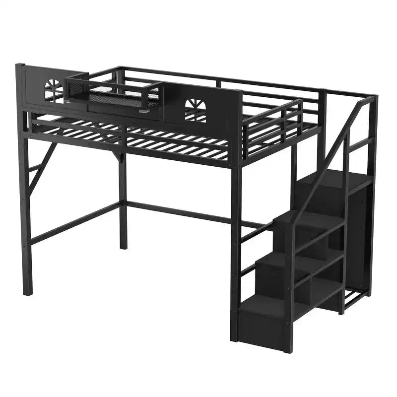 Metal Full Size Loft Bed with Stairs, House-Shaped Guardrails & Wardrobe for Kids & Teens