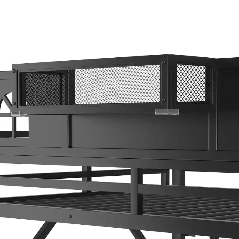 Metal Full Size Loft Bed with Stairs, House-Shaped Guardrails & Wardrobe for Kids & Teens