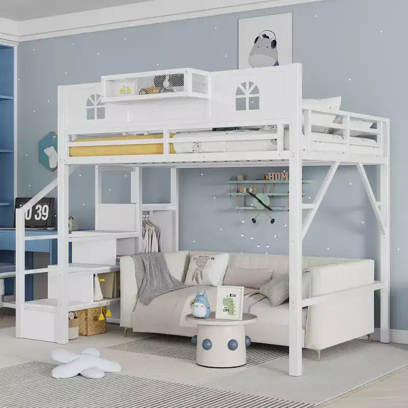Metal Full Size Loft Bed with Stairs, House-Shaped Guardrails & Wardrobe for Kids & Teens