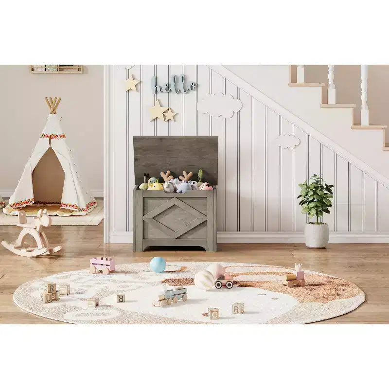 23.6" Wooden Storage Bench with Safety Hinge, Large Toy Chest & Storage Chest, Easy Assembly Entryway & Living Room Organizer