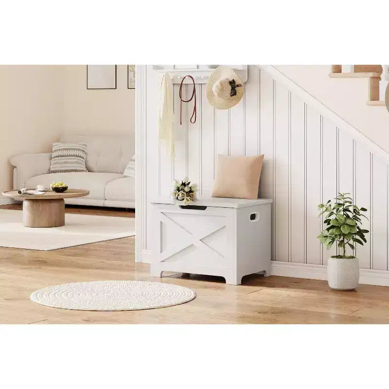23.6" Wooden Storage Bench with Safety Hinge, Large Toy Chest & Storage Chest, Easy Assembly Entryway & Living Room Organizer