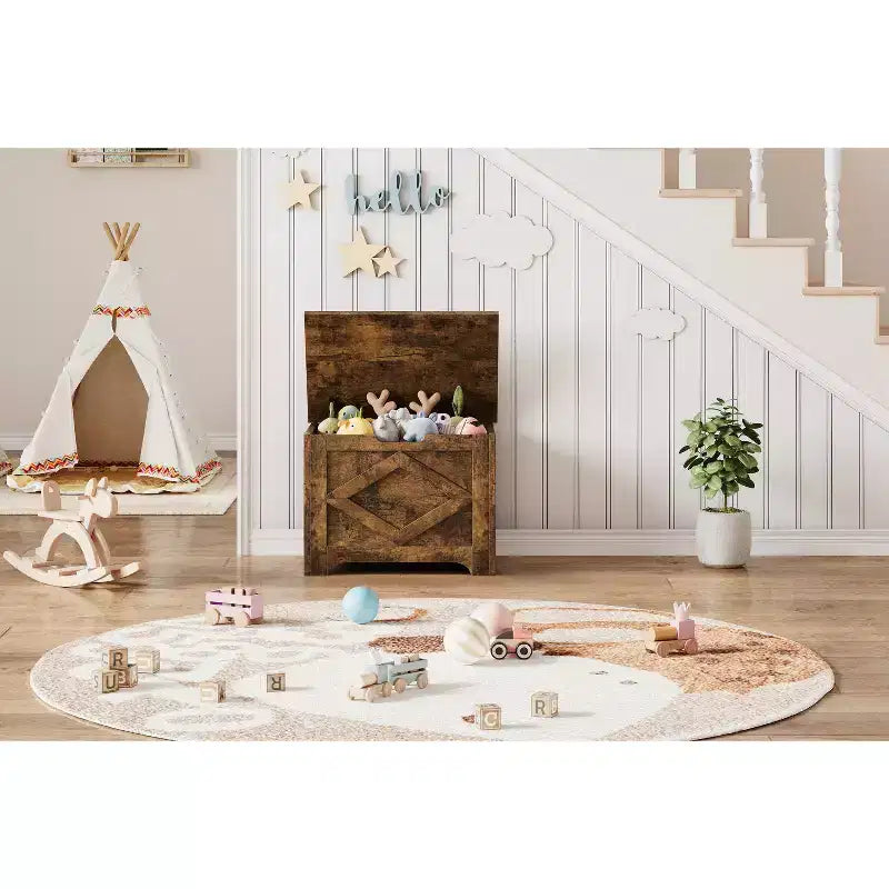 23.6" Wooden Storage Bench with Safety Hinge, Large Toy Chest & Storage Chest, Easy Assembly Entryway & Living Room Organizer