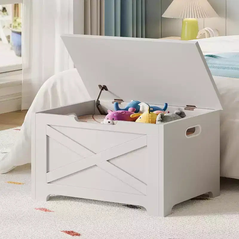 23.6" Wooden Storage Bench with Safety Hinge, Large Toy Chest & Storage Chest, Easy Assembly Entryway & Living Room Organizer