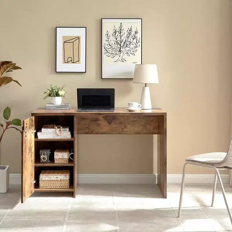 47.25IN Farmhouse Home Office Desk, Computer Desk with Faux Barn Door and 3-Tier Shelves, Standing Desk for Home Office