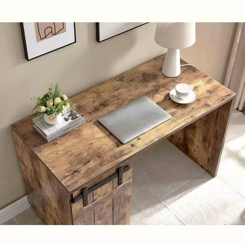 47.25IN Farmhouse Home Office Desk, Computer Desk with Faux Barn Door and 3-Tier Shelves, Standing Desk for Home Office