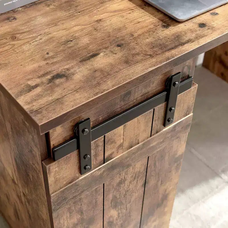 47.25IN Farmhouse Home Office Desk, Computer Desk with Faux Barn Door and 3-Tier Shelves, Standing Desk for Home Office
