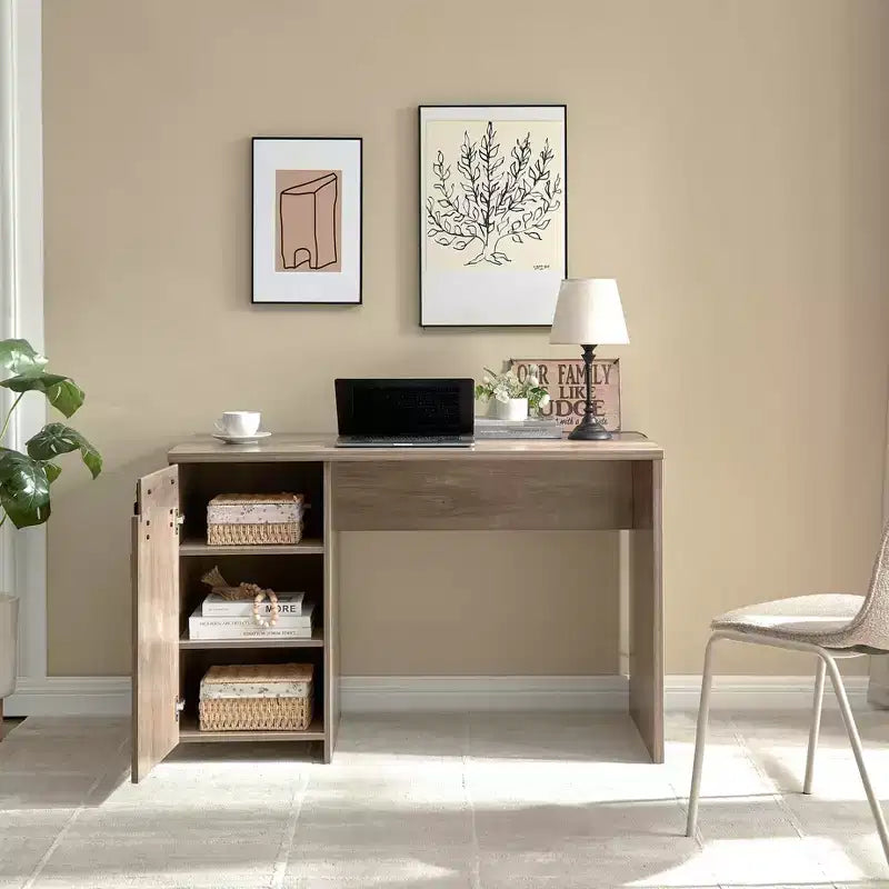 47.25IN Farmhouse Home Office Desk, Computer Desk with Faux Barn Door and 3-Tier Shelves, Standing Desk for Home Office