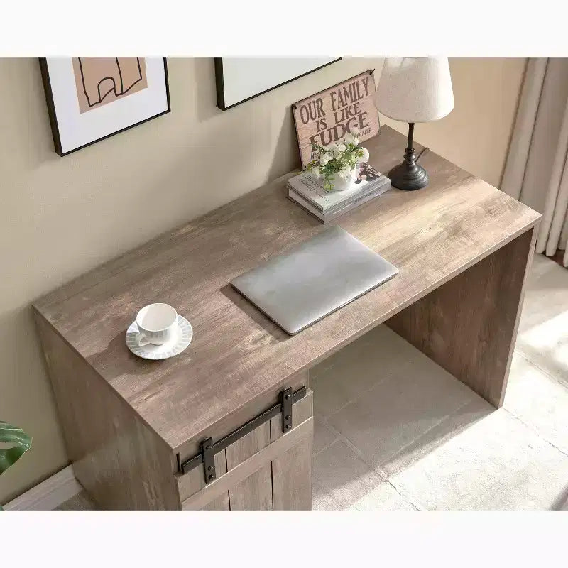 47.25IN Farmhouse Home Office Desk, Computer Desk with Faux Barn Door and 3-Tier Shelves, Standing Desk for Home Office