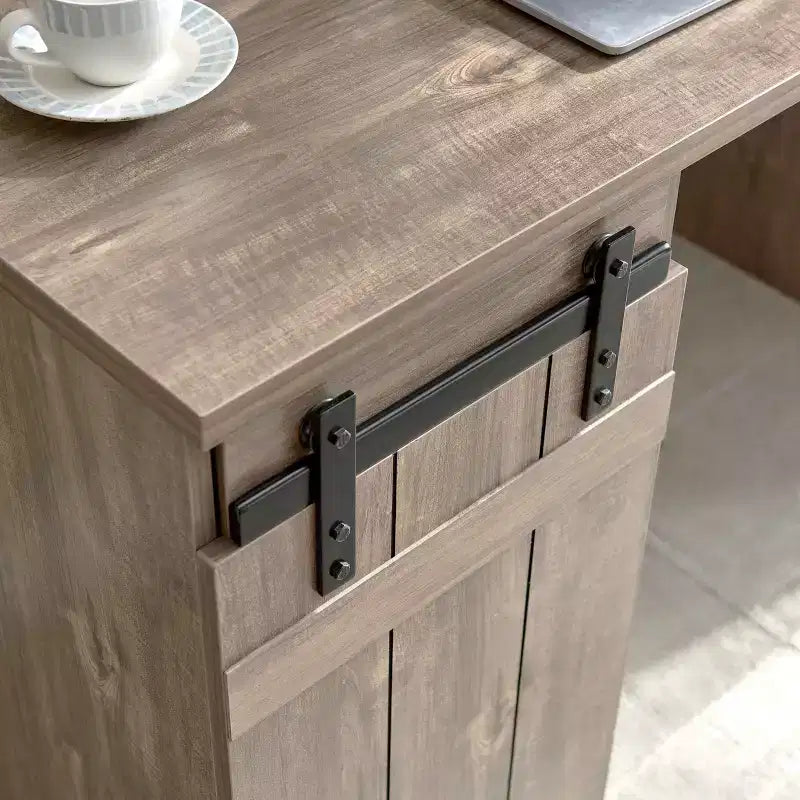 47.25IN Farmhouse Home Office Desk, Computer Desk with Faux Barn Door and 3-Tier Shelves, Standing Desk for Home Office