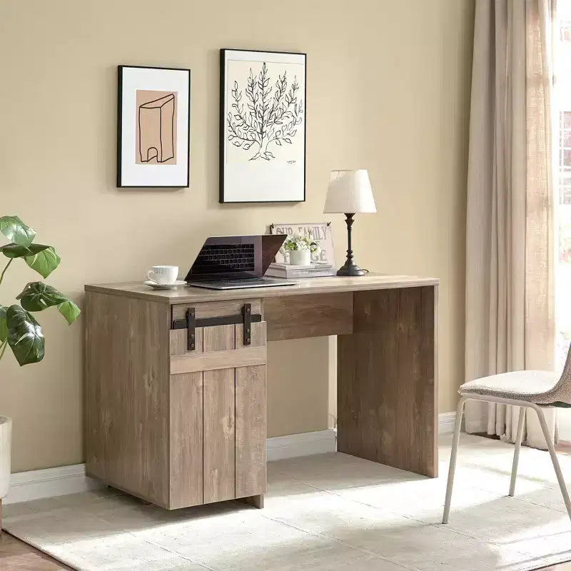 47.25IN Farmhouse Home Office Desk, Computer Desk with Faux Barn Door and 3-Tier Shelves, Standing Desk for Home Office