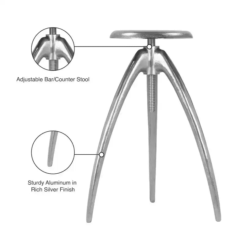 Silver Aluminum Counter/Bar Stool, Adjustable Height, Backless Armless