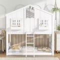 Twin Over Twin House Bunk Pine Wood Bed with Roof, Window, Door, Guardrails & Ladder, Brown