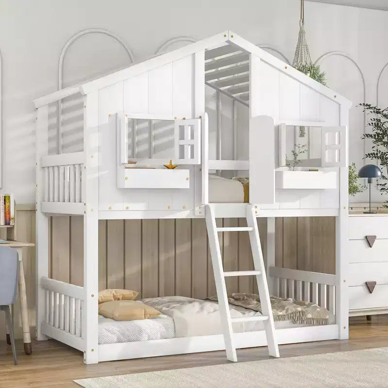 Twin Over Twin House Bunk Pine Wood Bed with Roof, Window, Door, Guardrails & Ladder, Brown