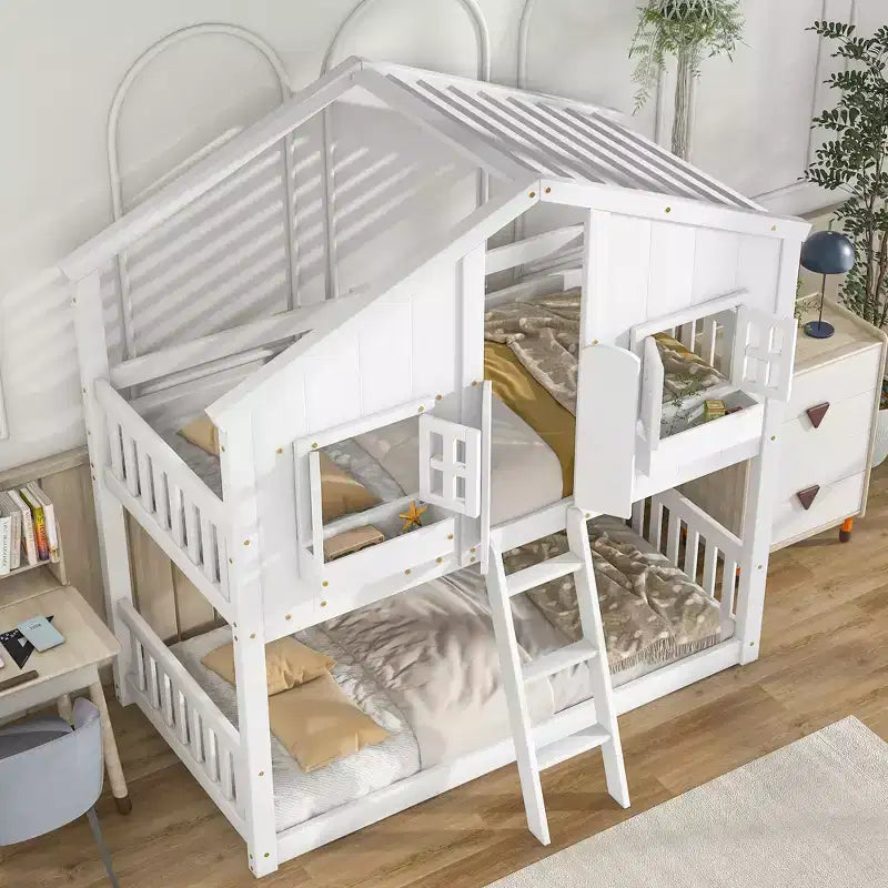 Twin Over Twin House Bunk Pine Wood Bed with Roof, Window, Door, Guardrails & Ladder, Brown