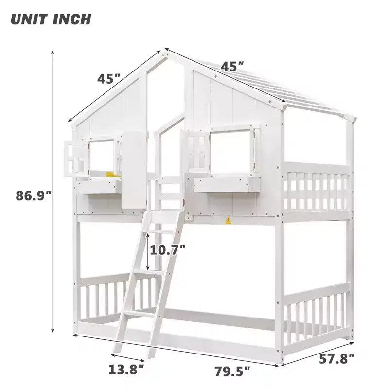 Twin Over Twin House Bunk Pine Wood Bed with Roof, Window, Door, Guardrails & Ladder, Brown