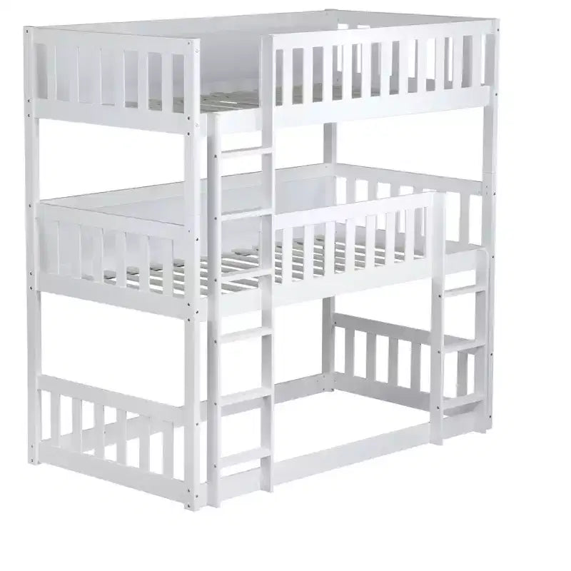 Twin Size Triple Rubber Wood Bunk Bed with Ladders & Guardrails, Detachable, White
