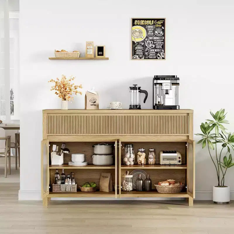 55 Large Sideboard Buffet Cabinet with Storage and 2 Fluted Drawer Front,Natural