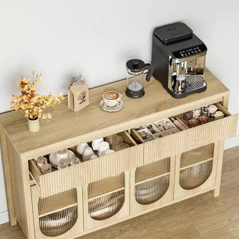 55 Large Sideboard Buffet Cabinet with Storage and 2 Fluted Drawer Front,Natural