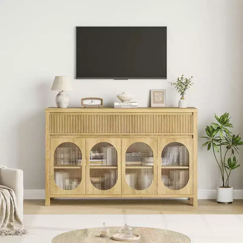 55 Large Sideboard Buffet Cabinet with Storage and 2 Fluted Drawer Front,Natural