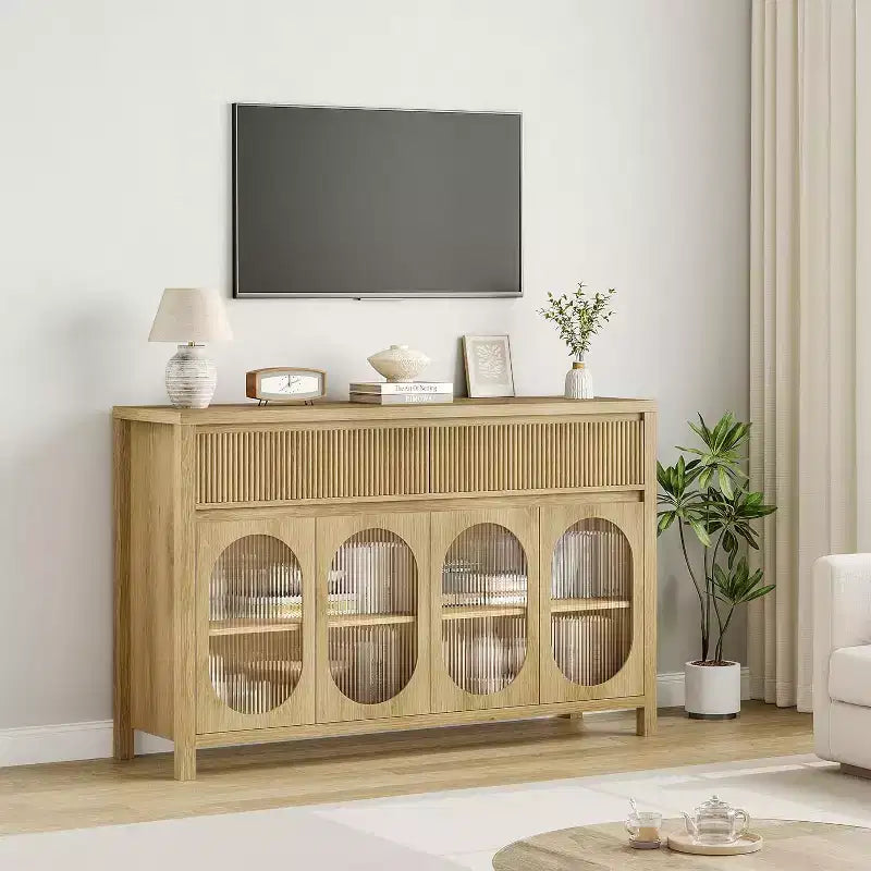 55 Large Sideboard Buffet Cabinet with Storage and 2 Fluted Drawer Front,Natural