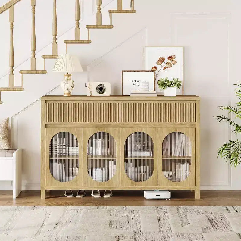 55 Large Sideboard Buffet Cabinet with Storage and 2 Fluted Drawer Front,Natural