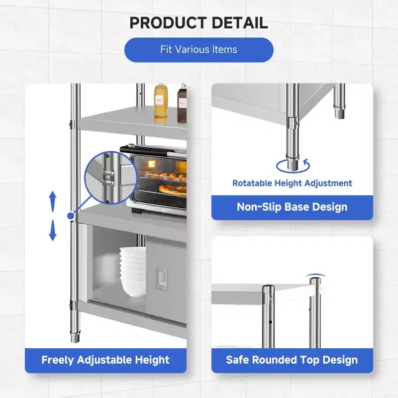 Stainless Steel 4-Tier Adjustable Shelving Unit, Heavy Duty Shelves with Wheels, Corrosion Resistant, Multipurpose for Storage