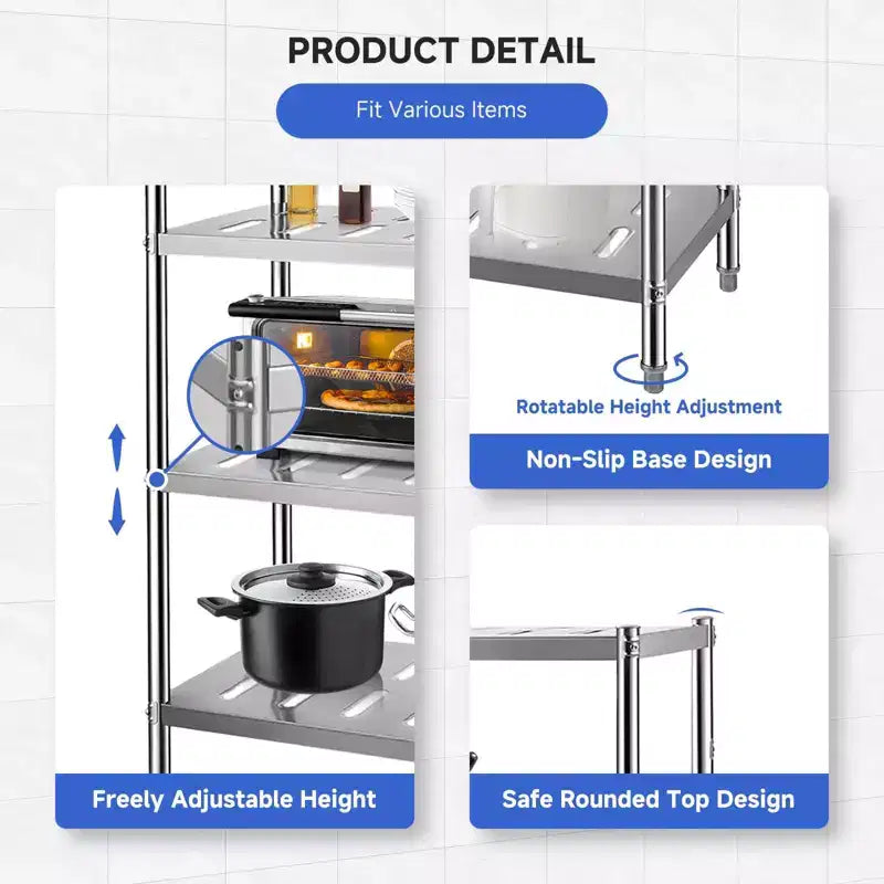Stainless Steel 4-Tier Adjustable Shelving Unit, Heavy Duty Shelves with Wheels, Corrosion Resistant, Multipurpose for Storage