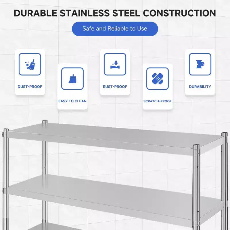 Stainless Steel 4-Tier Adjustable Shelving Unit, Heavy Duty Shelves with Wheels, Corrosion Resistant, Multipurpose for Storage