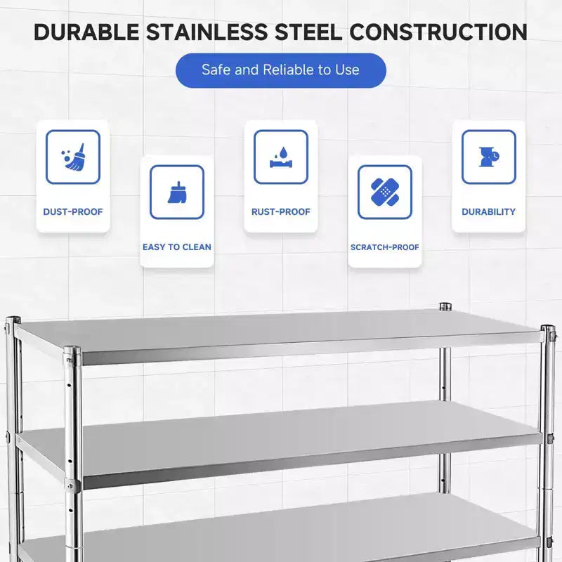 Stainless Steel 4-Tier Adjustable Shelving Unit, Heavy Duty Shelves with Wheels, Corrosion Resistant, Multipurpose for Storage