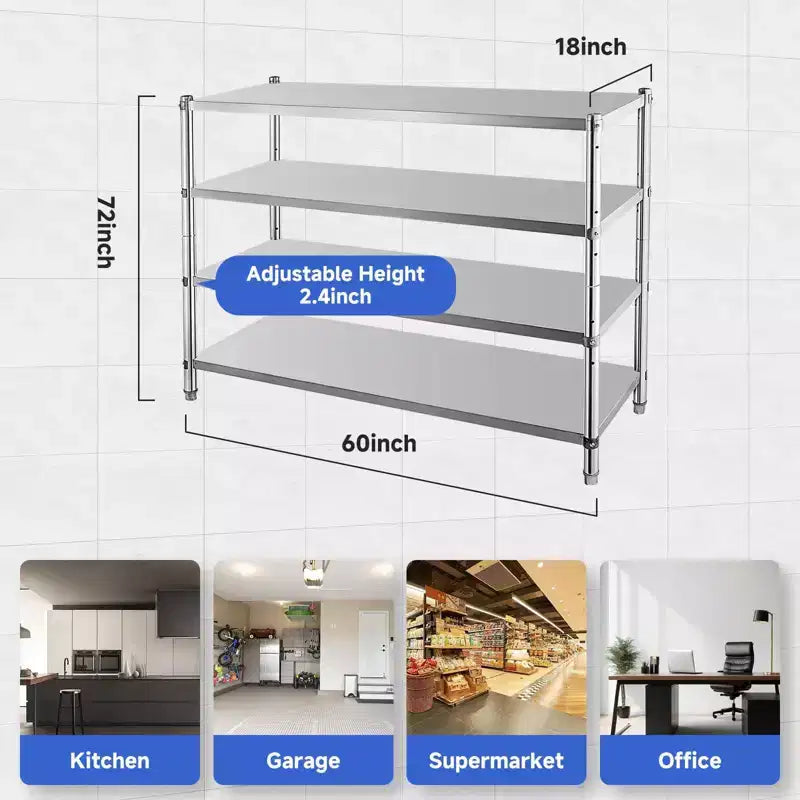 Stainless Steel 4-Tier Adjustable Shelving Unit, Heavy Duty Shelves with Wheels, Corrosion Resistant, Multipurpose for Storage