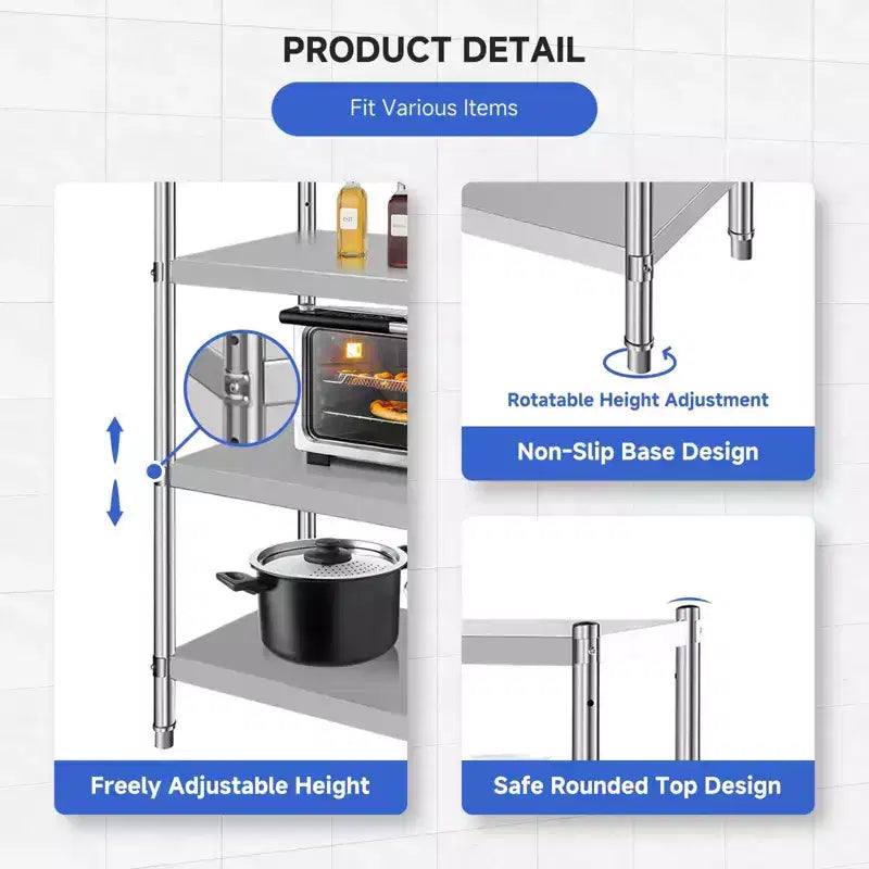 Stainless Steel 4-Tier Adjustable Shelving Unit, Heavy Duty Shelves with Wheels, Corrosion Resistant, Multipurpose for Storage