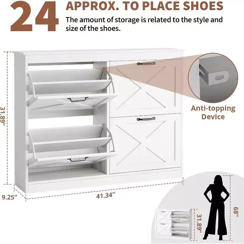 Shoe Cabinet with 4 Flip Drawers Narrow Shoe Storage Cabinet Organizer Wooden Freestanding Rack Hidden Slim Storage for Entryway, Hallway
