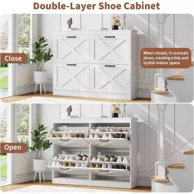 Shoe Cabinet with 4 Flip Drawers Narrow Shoe Storage Cabinet Organizer Wooden Freestanding Rack Hidden Slim Storage for Entryway, Hallway